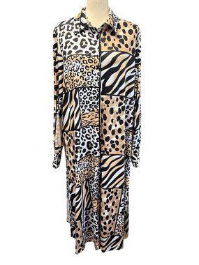 MOD X Animal Print Button-Up Long Sleeve Dress~Size L~Black Patchwork EUC L15 43